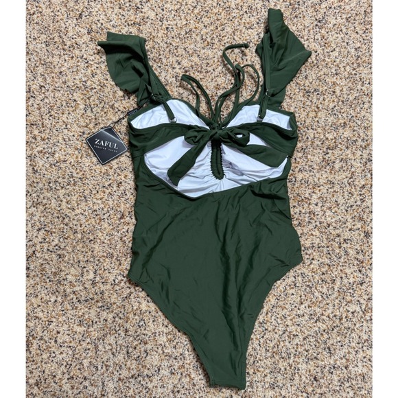 Zaful Olive Green Ruffled Tie Front One Piece Swimsuit Women's Size M - Picture 3 of 6